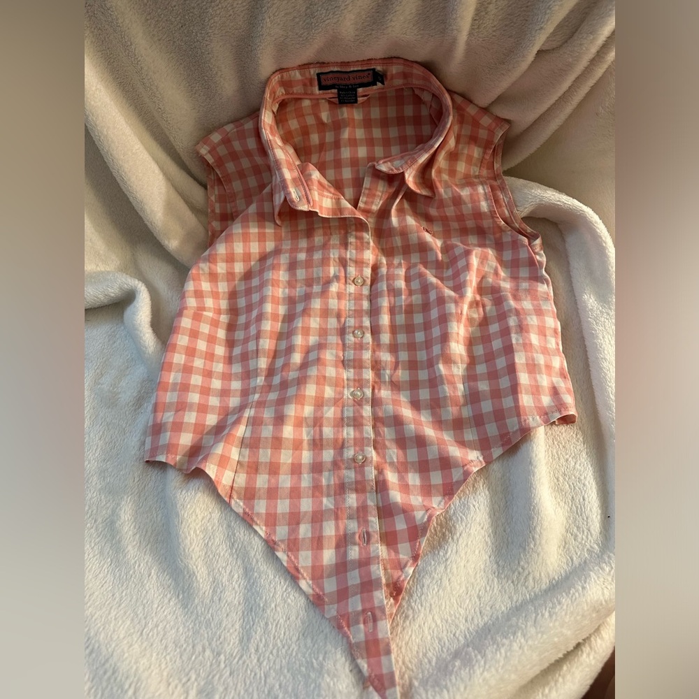 EUC-‎ VINEYARD VINES- sleeveless tie front button down- pink plaid- size 12